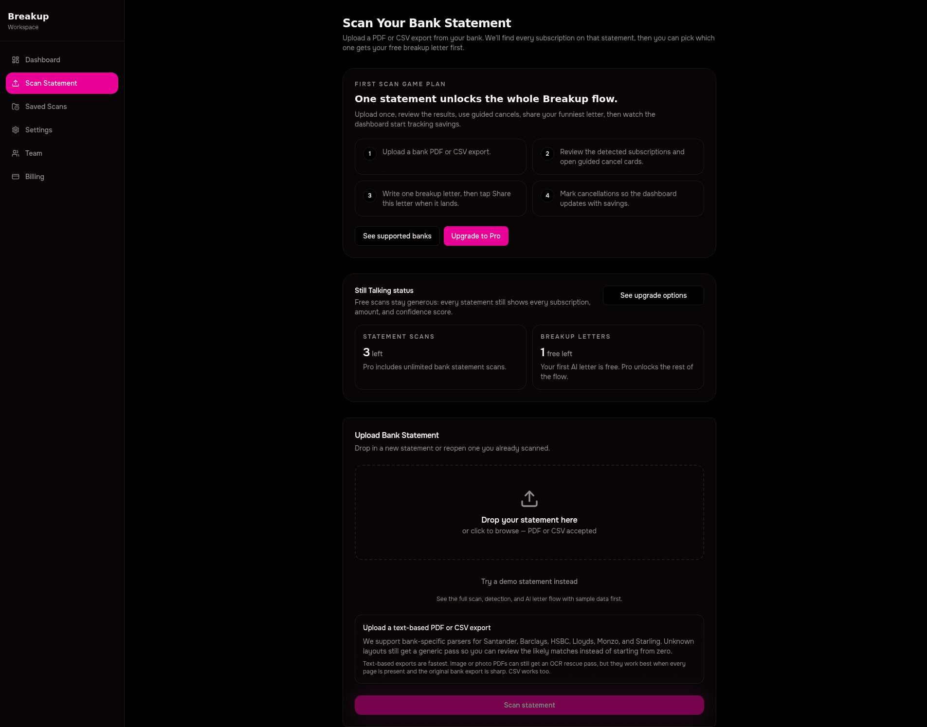 Breakup authenticated upload screen with an Upload Bank Statement dropzone